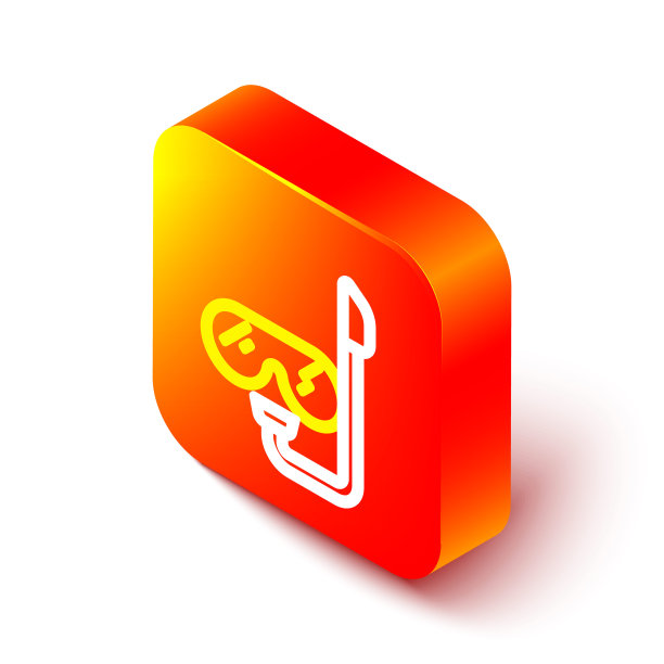 等距线潜水面罩和通气管图标孤立在白色背景。极限运动。在水下潜水设备。橙色平方按钮。向量图片下载