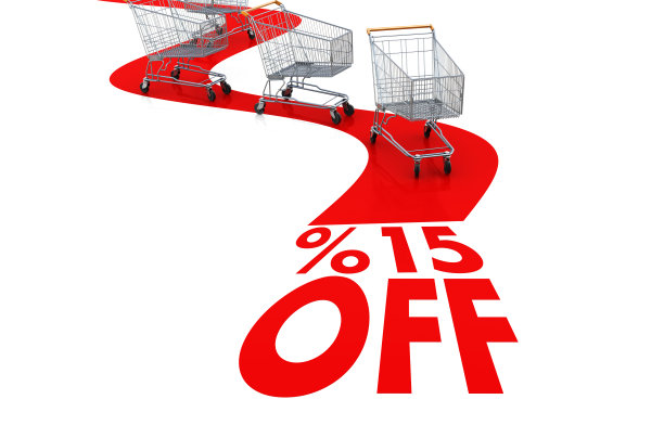购物销售- 15%的折扣与购物车隔离在白色图片下载