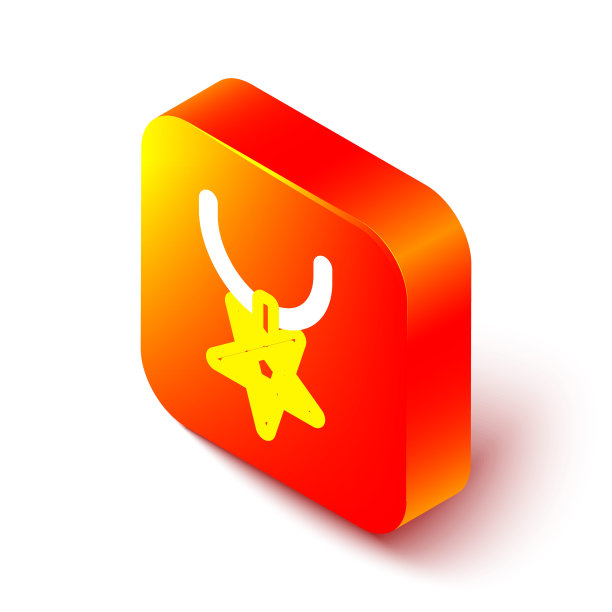 等距线五角星项链图标孤立在白色背景。神奇神秘的星星符号。橙色平方按钮。向量图片下载