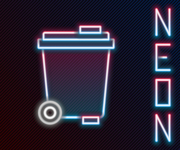 发光的霓虹灯线垃圾桶图标孤立在黑色背景。垃圾桶的迹象。回收篮图标。办公室垃圾图标。色彩斑斓的轮廓的概念。向量图片下载