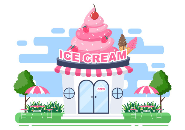 冰淇淋店插图与开放的板，树，和建筑商店外观。平面设计概念图片下载