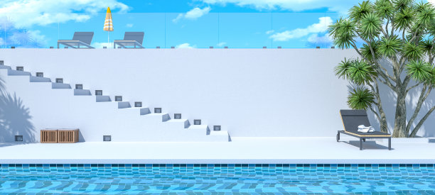游泳池和躺椅在现代豪华别墅外部，3d渲染图片下载