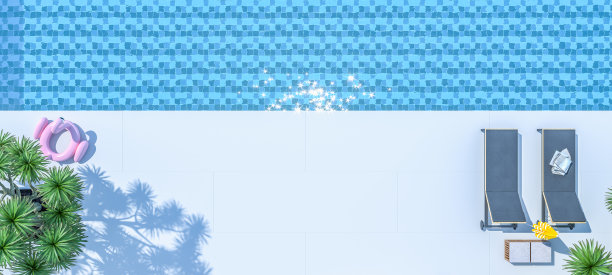 游泳池顶视图与躺椅在现代豪华别墅外部，3d渲染图片下载