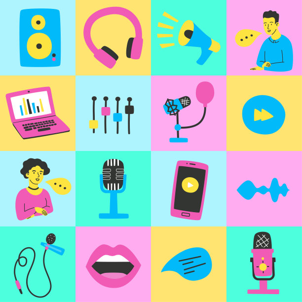 波普艺术海报的话题播客与明亮的图标，在一个平坦的风格。图片下载