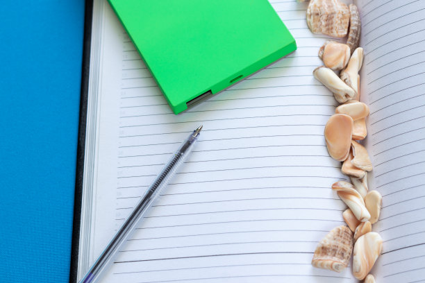 在打开的笔记本或日记本上，放上一个绿色的动力库、一支打开的钢笔和一堆装满海洋化石的贝壳，用来计划一次海边旅行或一次假期和复印空间图片下载