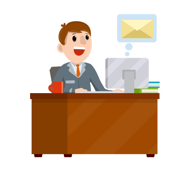 年轻人坐在桌子旁，用电脑收信。信封在泡泡里。卡通平面插图。在办公室工作。用即时通讯工具发电子邮件，在网上和朋友聊天图片下载