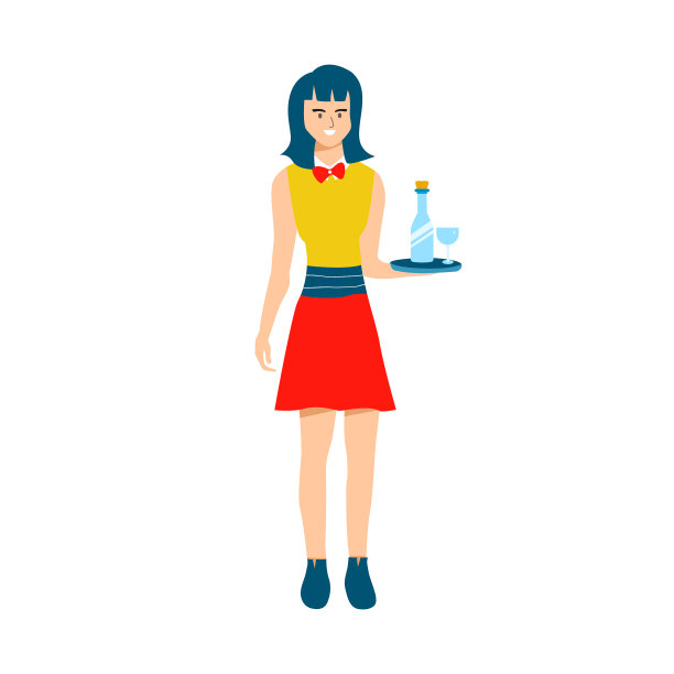 一个漂亮的女孩自信地站着，微笑着当服务员。平面矢量设计字符插图与白色背景。图片下载