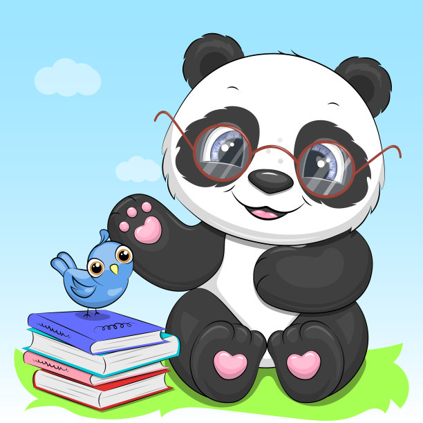 可爱的卡通熊猫戴着眼镜，书，鸟。图片下载