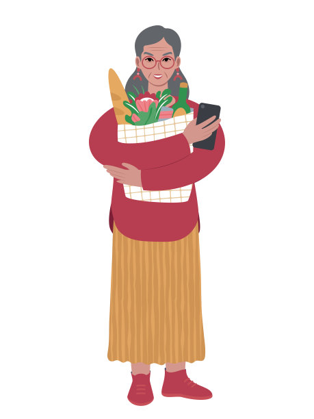 现代年长的白人女性购物袋和手机。图片下载