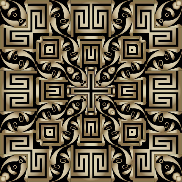 希腊无缝模式。抽象的装饰背景。向量民族风格的花卉背景。重复金色部落装饰。几何时尚设计与希腊键，曲径，形状，佩斯利花图片下载