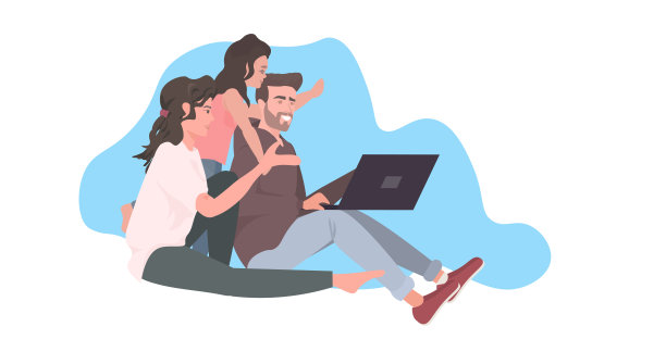 新冠肺炎大流行隔离期间，使用笔记本电脑的父母与女儿共度时光图片下载