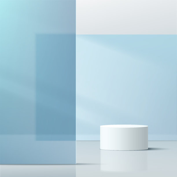 现代白色圆柱形基座基座基座基座与蓝色玻璃几何正方形重叠背景。抽象的淡蓝色简约的墙壁场景。矢量渲染三维形状，化妆品产品展示展示图片下载