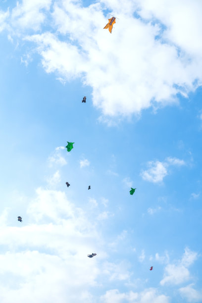 在夏天的节日里，许多五颜六色的风筝在天空中飞翔图片下载