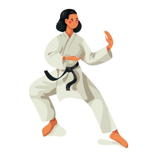穿着和服训练空手道或武术的年轻女子。孤立于白色卡通人物。图片下载