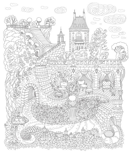 幻想的风景与飞行的云朵，童话城堡，宫殿，石头楼梯，洞穴，花园玫瑰，百合。黑白t恤印花。成人涂色书页。图片下载
