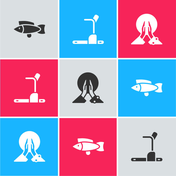 设置鱼类跑步机和冥想图标图片下载