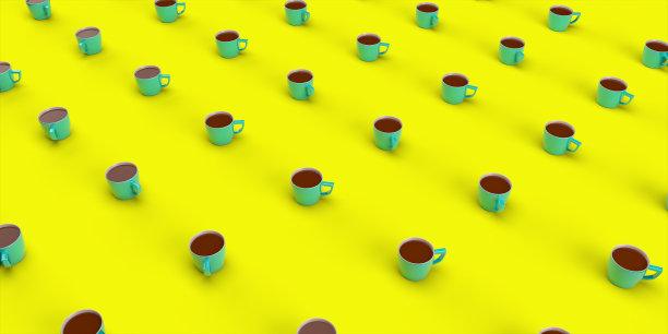 在黄色背景上有许多咖啡杯的图案。简约的概念。三维渲染图片下载