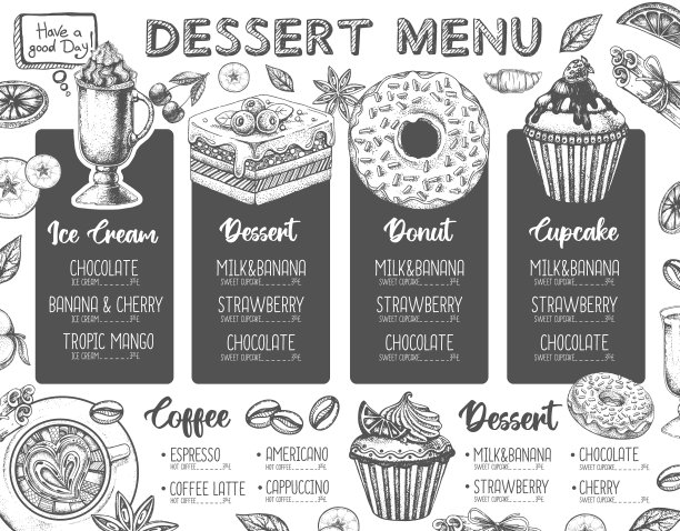 餐厅甜品菜单设计装饰示意图图片下载