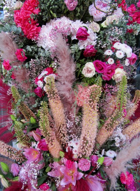 大花束由玫瑰，康乃馨，百合，狐尾百合，紫苑，婴儿呼吸花和潘帕斯草羽毛。图片下载