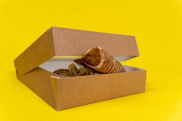 用干肉做成的狗粮从带有透明盖的纸板箱里伸出来，放在黄色的背景上，正面，近距离，拷贝空间图片下载