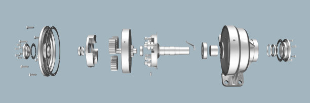 拆装式行星齿轮箱，轴承，轴和齿轮。在白色背景上的细节的3D插图。图片下载