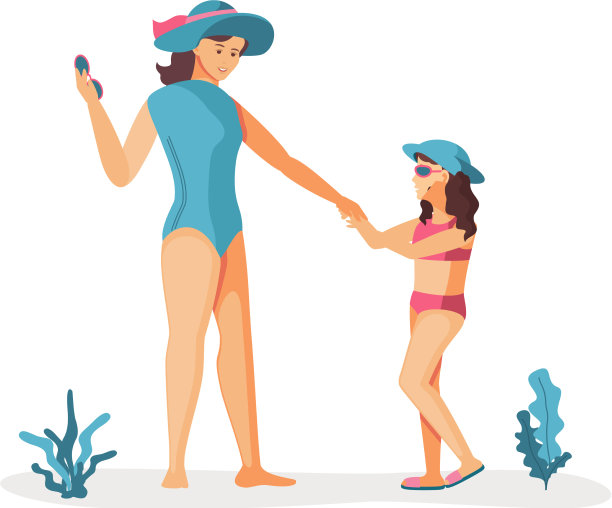 妈妈和女儿穿着泳衣在海滩上图片下载