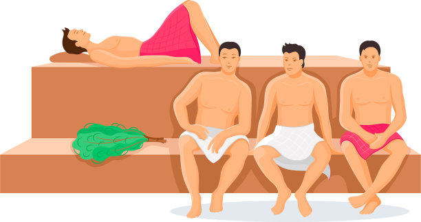 男人们在蒸汽房拿着毛巾和扫帚图片下载