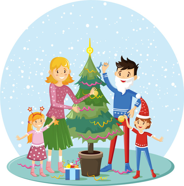 全家人一起装饰圣诞树准备图片下载