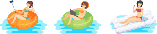 年轻女子游泳充气圈充气床垫图片下载