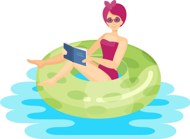 年轻女子游泳充气环休息阅读图片下载