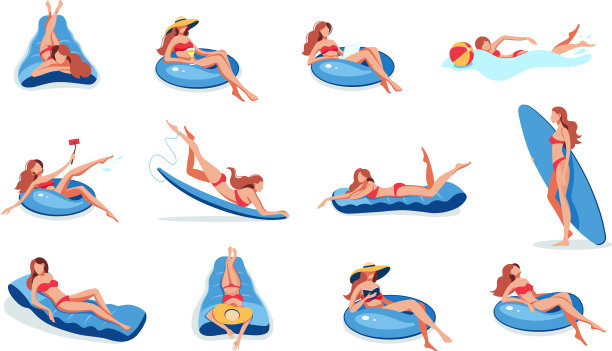 女士在充气气垫船上游泳图片下载