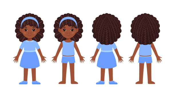 穿着衣服和内衣的黑皮肤小女孩。非洲小孩站在前面和后面的观点。黑色角色穿着裙子，短裤和t恤。平面卡通色彩风格。白色背景。向量。图片下载
