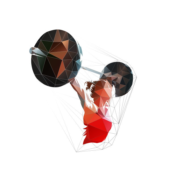 举重，女子举大杠铃，健身。孤立的低多边形矢量插图，几何绘图从三角形，女性健美标志图片下载