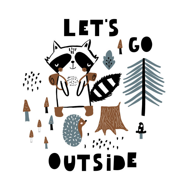 可爱的卡通浣熊在森林印花幼稚图片下载