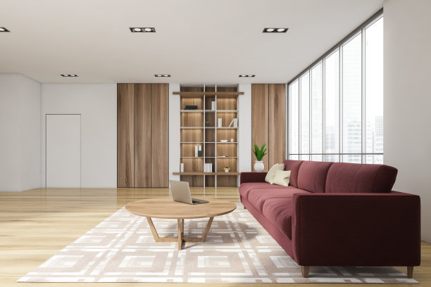 豪华明亮的客厅内部，典雅的家具和红色沙发，在住宅公寓。设计和建筑的现代概念。新加坡城市的观点。全景窗口。图片下载