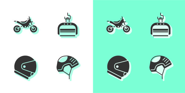 设置头盔山地自行车和滑雪升降机图标图片下载