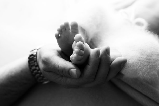 父母手中。新生儿的双腿在爸爸妈妈的手中。婴儿的腿在他的手中。黑白图片图片下载