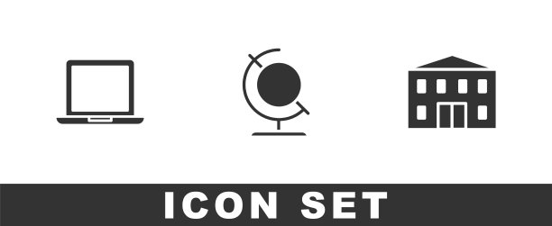 设置笔记本地球仪和学校建筑图标图片下载