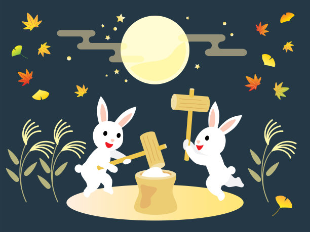 两个兔子做年糕观赏月亮的插图。图片下载