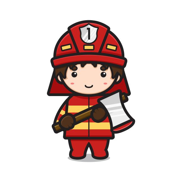 可爱的消防战士人物持有斧头卡通矢量图标插图。图片下载