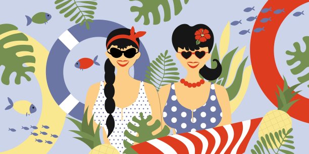 时尚的情侣，两个引人注目的白人女孩穿着海报风格的泳衣，时尚的肖像与夏天的属性，救生圈，毛巾，菠萝，植物。矢量平面插图，夏季时间图片下载