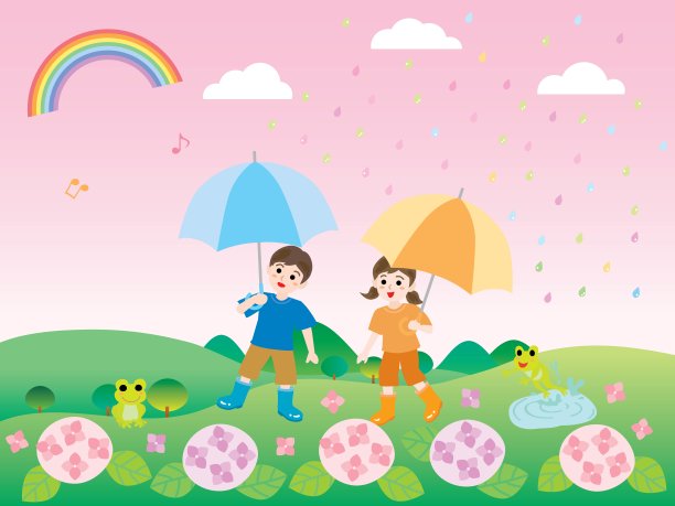 风景如画的绣球花、孩子们在村里的森林里的雨季。图片下载