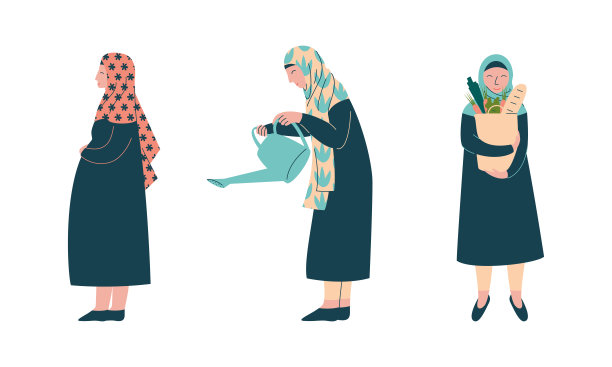 穆斯林妇女在希贾布拿着购物袋和浇灌植物向量集图片下载