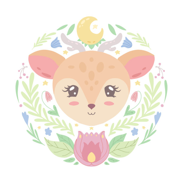 一个可爱的小鹿在白色的背景植物装饰的可爱幼稚的插图。婴儿的动物。矢量卡通平面绘图图片下载