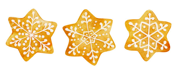 一套水彩圣诞姜饼饼干的形式的雪花孤立在白色的背景。图片下载