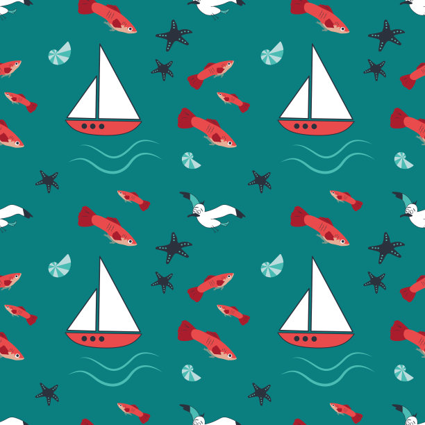 夏季的海洋图案以船舶、波浪、海星、海鸥和鱼为蓝色背景图片下载