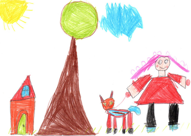 画一个幸福的家庭在户外散步。儿童风格的铅笔艺术图片下载