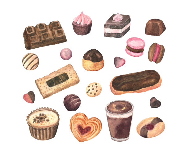 收集用水彩画的饼干和蛋糕;在白色孤立背景上。图片下载