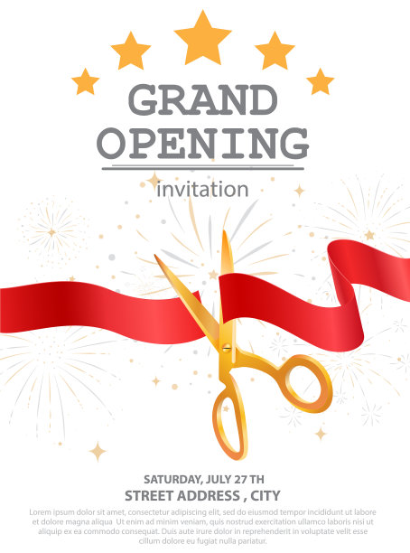 盛大的开幕卡设计与金色丝带图片下载