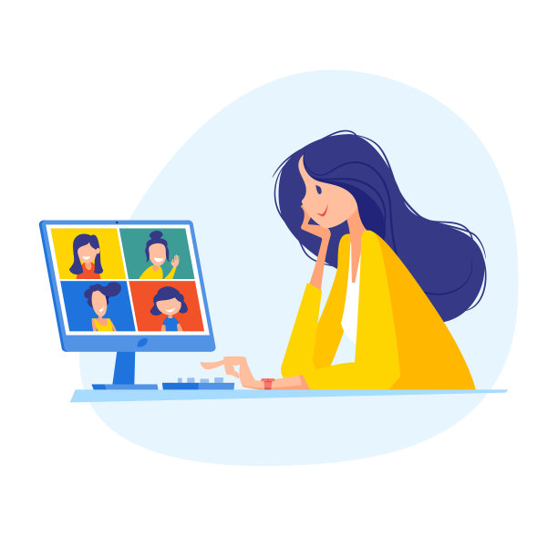 一位女士坐在一台笔记本电脑前与同事谈判图片下载